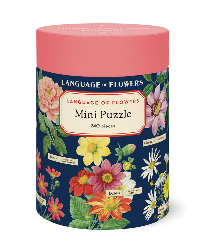 Cavallini & Co. Language of Flowers 240 Piece Mini Puzzle- Floral-themed mini puzzle packaging with colorful flowers on a blue background