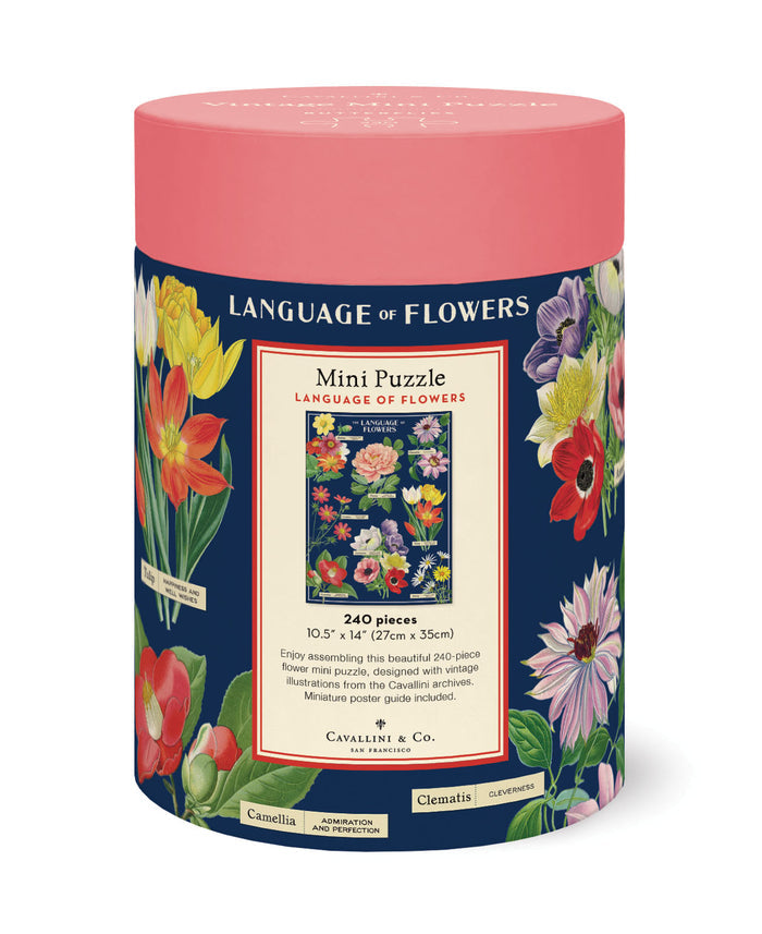 Cavallini & Co. Language of Flowers 240 Piece Mini Puzzle packaging- cylindrical puzzle box with floral design and text on a white background