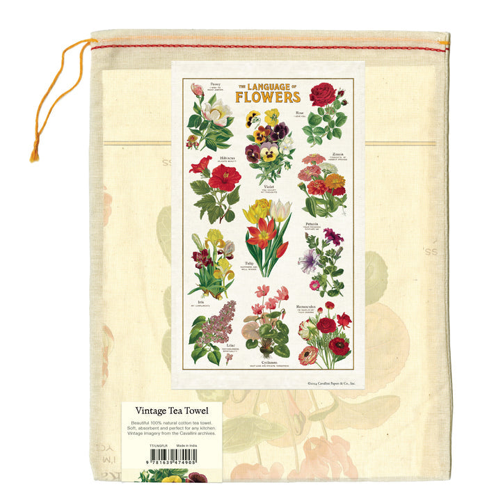 Cavallini & Co. Language of Flowers Cotton Tea Towel back of package image
