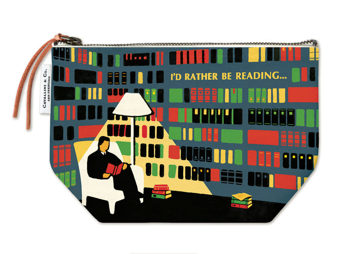 Cavallini & Co. Library Vintage Pouch- Pouch with a design of a person reading a book in front of a bookshelf, with text 'I'd Rather Be Reading'.