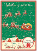 Christmas puzzle greeting card with Santa and reindeer design on a green background