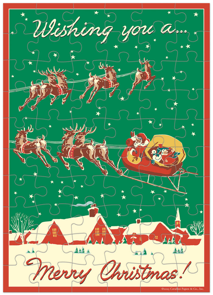 Christmas-themed puzzle greeting card with Santa and reindeer design on a green background