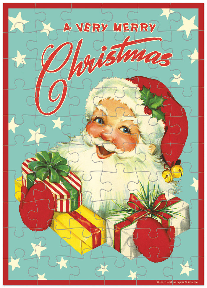 Vintage-style Christmas puzzle greeting card with Santa Claus and presents on a blue background