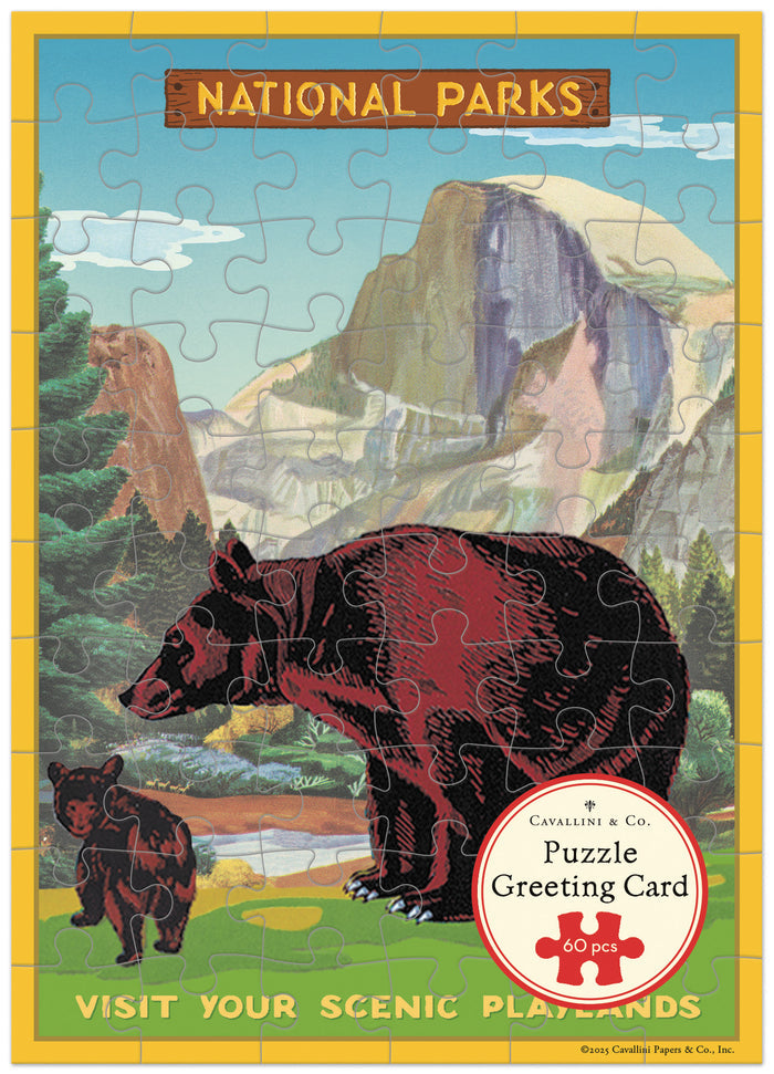 Puzzle greeting card with bear illustration and mountain landscape, featuring the text 'National Parks'