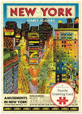 Colorful illustration of Times Square in New York on a puzzle card packaging.