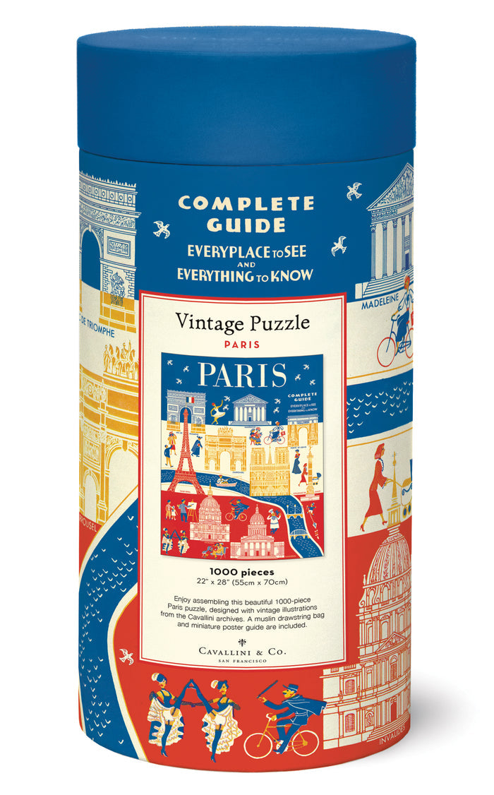Cavallini & Co. Paris 1000 Piece Puzzle package- cylindrical packaging with illustrations of Paris and text on a white background