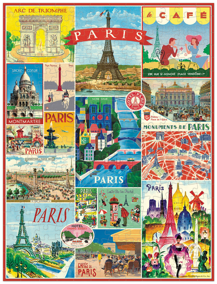 Cavallini & Co. Paris 240 Piece Mini Puzzle finished puzzle image- a collage of vintage-style images and landmarks of Paris, France.