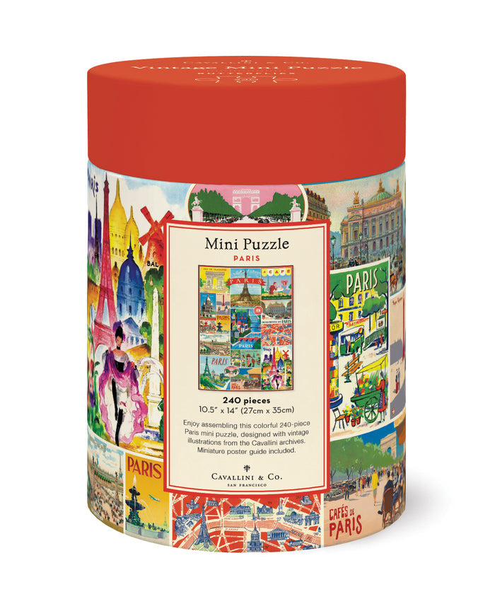 Cavallini & Co. Paris 240 Piece Mini Puzzle packaging- cylindrical puzzle box with colorful illustrations and red lid