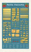 Cavallini & Co. Pasta Cotton Tea Towel with  various types of pasta with a blue background