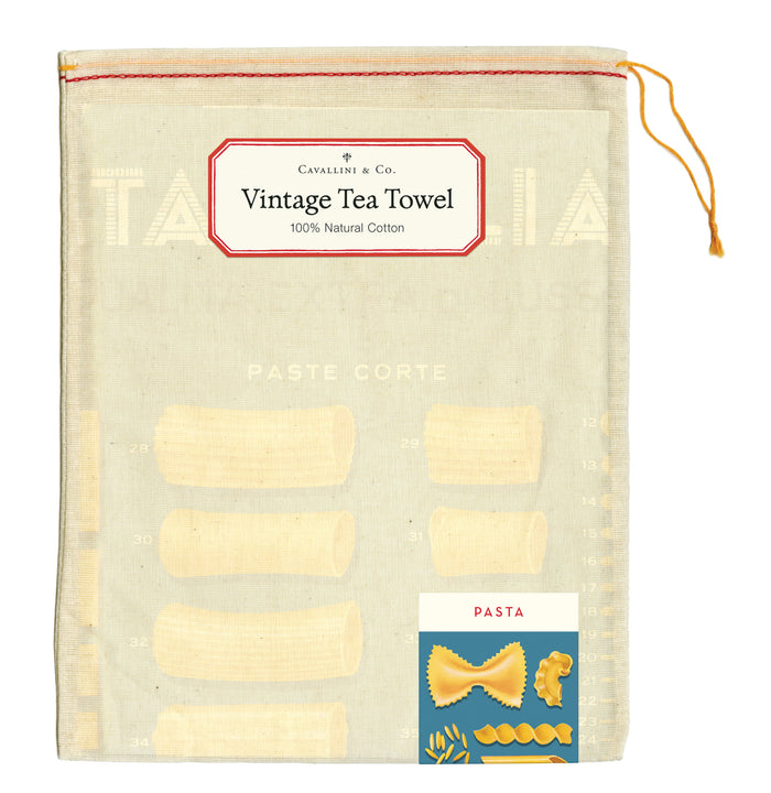 Vintage tea towel with pasta illustrations and Cavallini & Co branding.