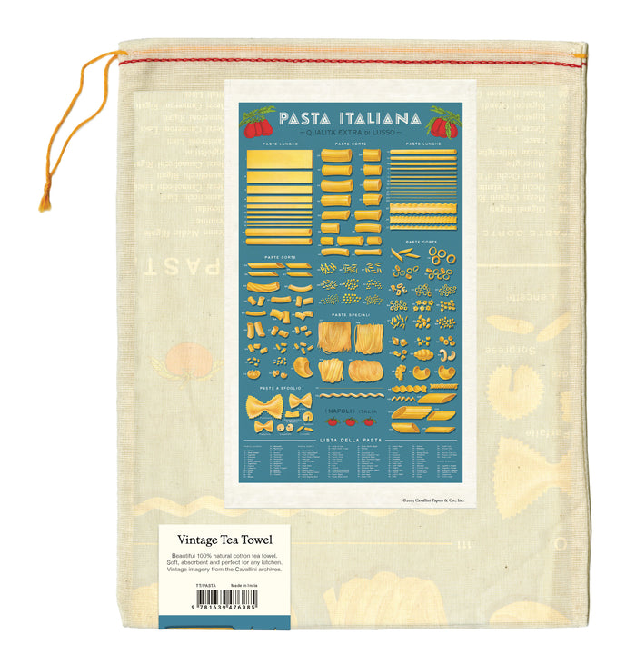 Vintage tea towel packaging with pasta illustration and text on a white background