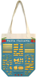 Cavallini & Co. Pasta Cotton Tote Bag- Tote bag with pasta diagram design on a blue-grey background