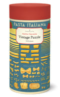 Pasta-themed vintage puzzle packaging with a red lid and blue body.