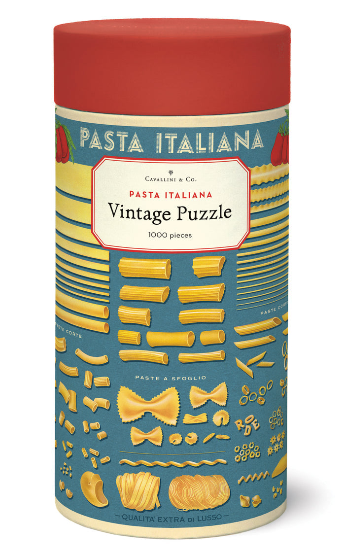 Pasta-themed vintage puzzle packaging with a red lid and blue body.