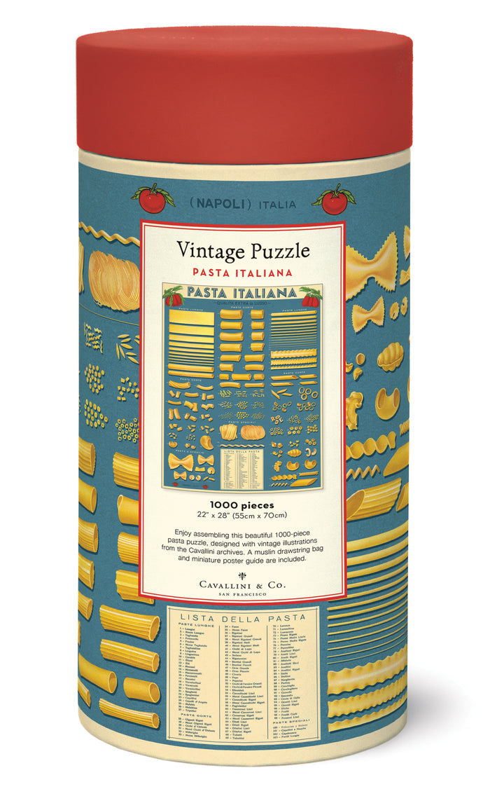 Cavallini & Co. Pasta Italiana 1000 Piece Puzzle comes in a cylindrical puzzle box with vintage pasta illustration on a white background