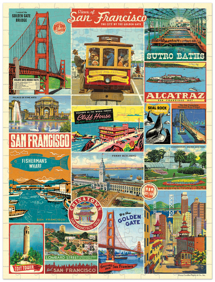 Cavallini & Co. San Francisco 240 Piece Mini Puzzle- finished puzzle image showing vintage San Francisco advertising images