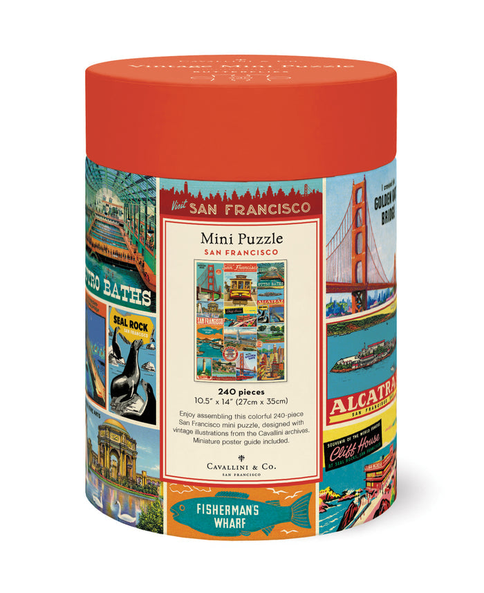 Cavallini & Co. San Francisco 240 Piece Mini Puzzle- cylindrical puzzle box with colorful design and red lid