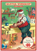 Puzzle greeting card featuring Santa Claus in a workshop with tools and toys.