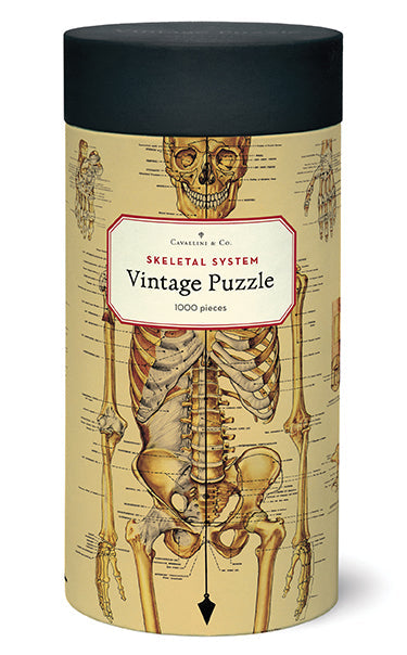 Cavallini's Skeleton puzzle features their Skeleton Decorative paper, a vintage chart of the human skeletal system, complete with scientific names of all bones!