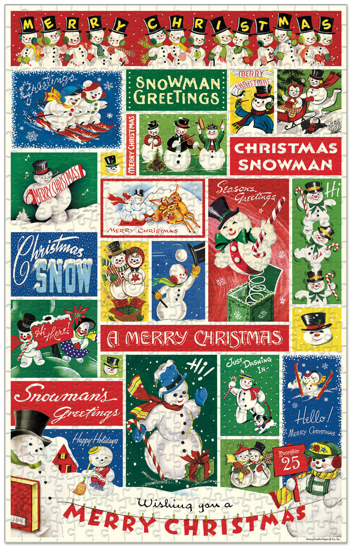 Cavallini & Co. Snowman 500 Piece Holiday Puzzle showing finished puzzle