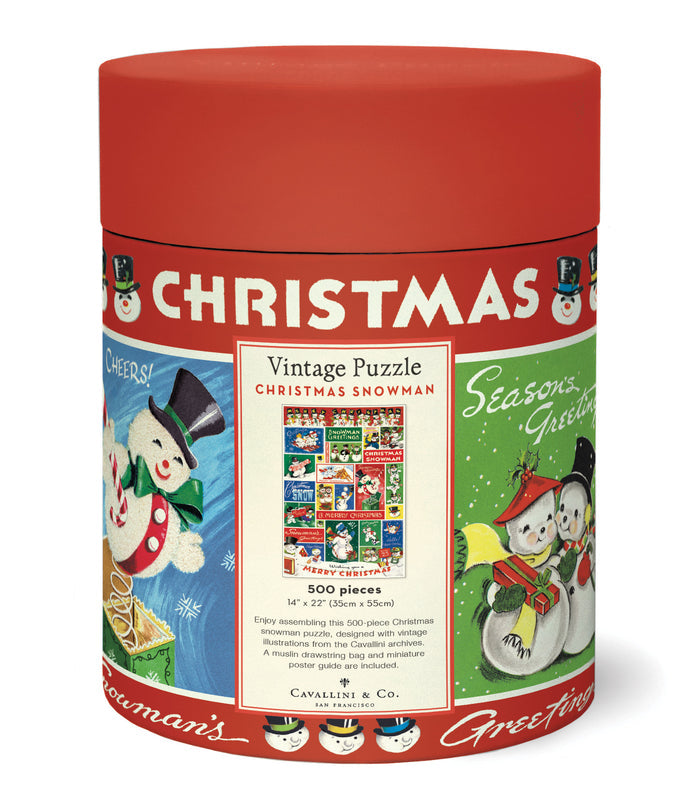 Cavallini & Co. Snowman 500 Piece Holiday Puzzle, a Christmas-themed puzzle showing packaging with vintage snowman design on a white background