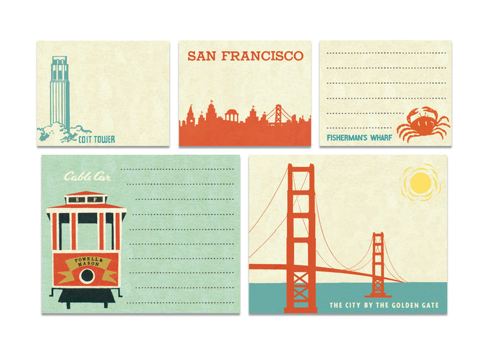 Cavallini & Co. Sticky Notes Tin- San Francisco- image showing 5 different designs of sticky notes.