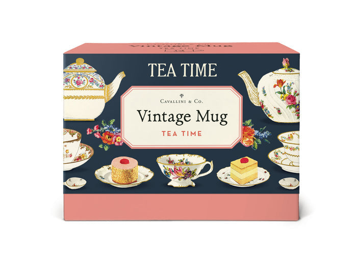 Cavallini & Co. Tea Time Ceramic Mug- Tea time-themed packaging with vintage mugs and teapots on a blue background