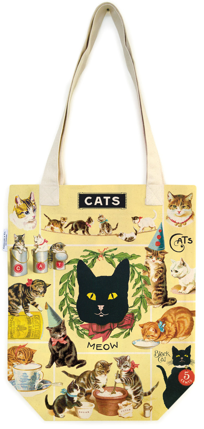 Tote bag with cat-themed design featuring various cats and text on a white background