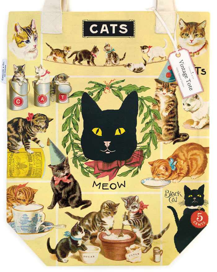 Tote bag with cat-themed design featuring various cats and a central black cat illustration.