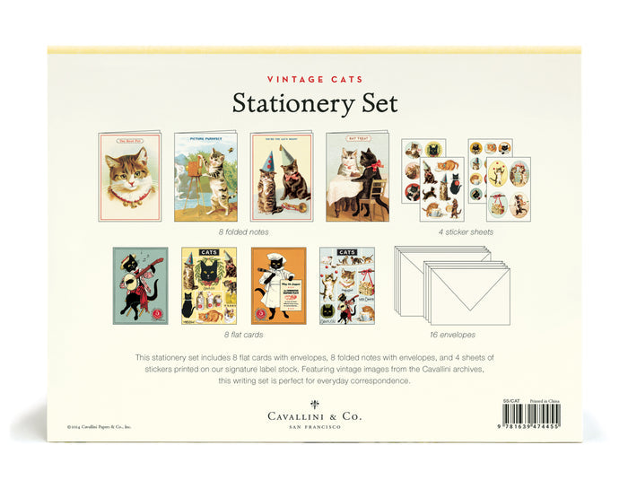 Cavallini & Co. Vintage Cats Stationery Set image of back of box with all contents shown