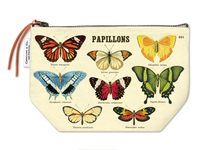 Cavallini & Co. Papillions Vintage Pouches feature butterfly images from the Cavallini archives. 100% natural cotton bags are lined and have gusseted bottoms to stand on their own.