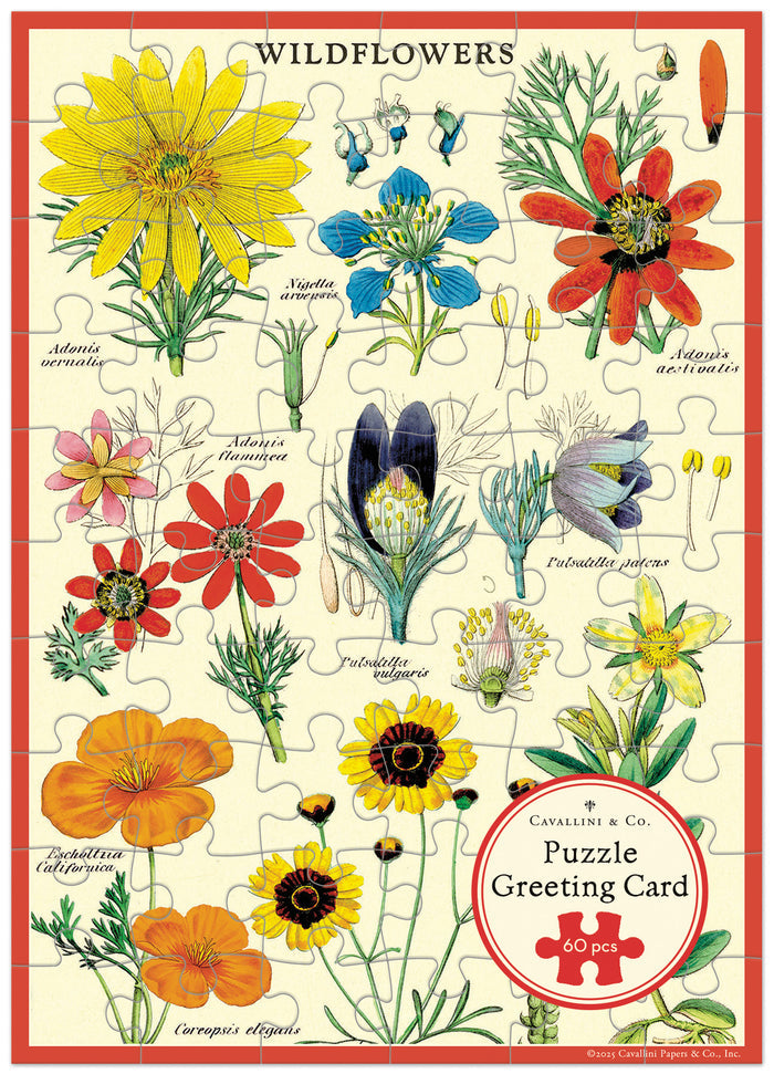 Cavallini & Co.  Wildflowers Puzzle Greeting Card- Jigsaw puzzle greeting card with illustrations of wildflowers