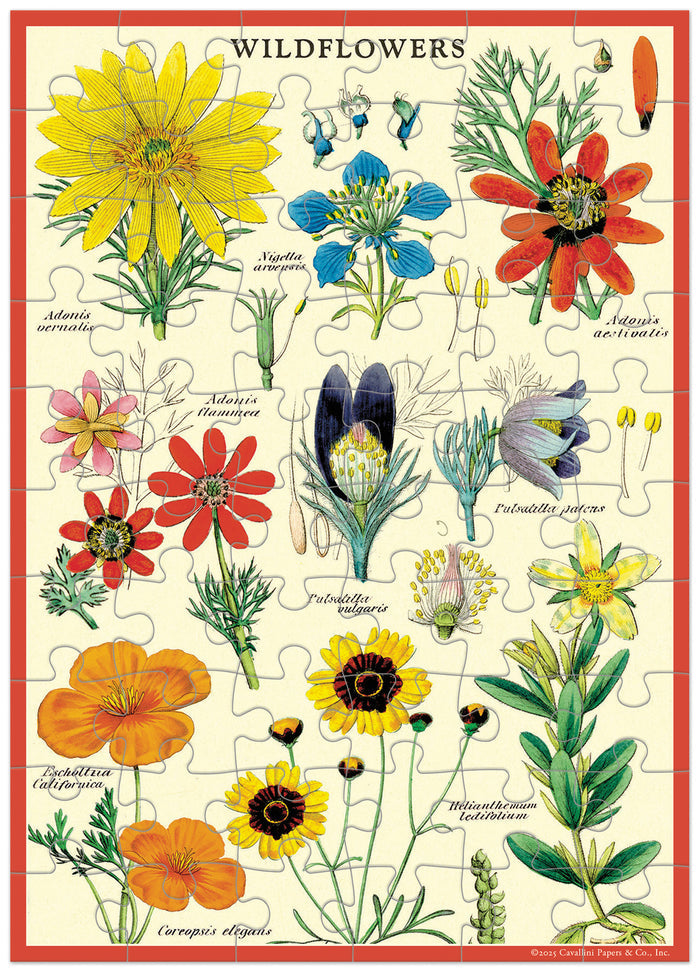 Jigsaw puzzle greeting card with illustrations of various wildflowers on a white background
