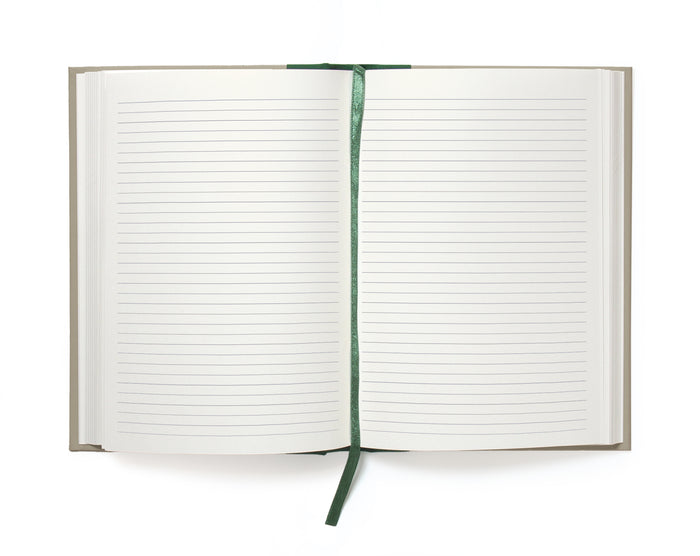 Open notebook with lined pages and a green ribbon on a white background