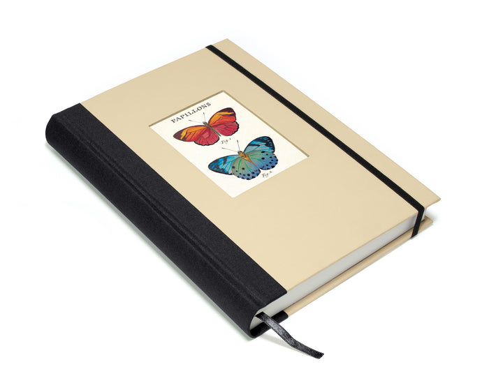 Beige notebook with black binding featuring a colorful butterfly illustration on a white background