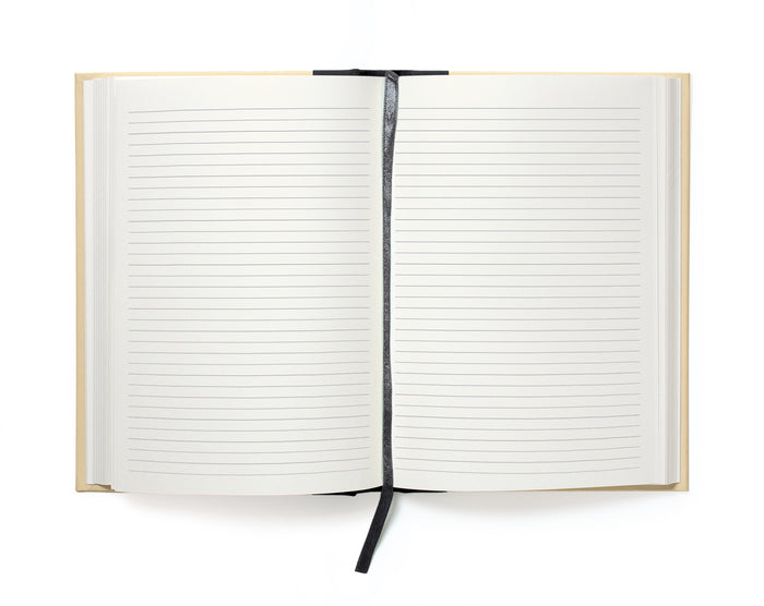 Open notebook with lined pages on a white background