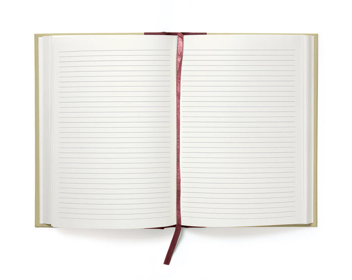 Open notebook with lined pages on a white background