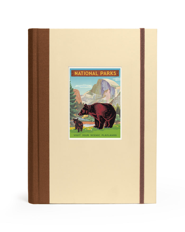 National Parks Window Journal by Cavallini & Co.-Notebook with a bear illustration and 'National Parks' text on a beige cover with brown binding.