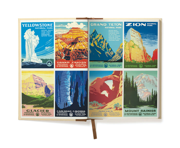 National Parks Window Journal by Cavallini & Co.- image of inside front cover showing various vintage National Parks advertisements