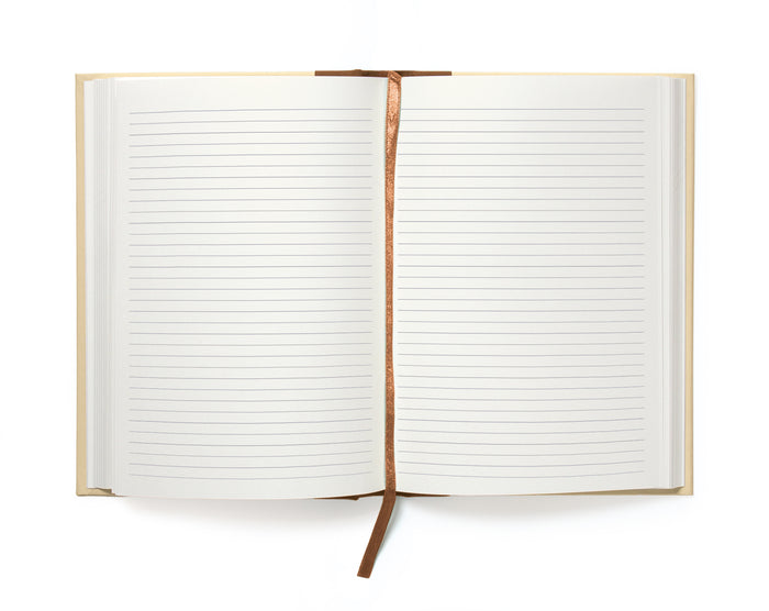 Open notebook with lined pages on a white background