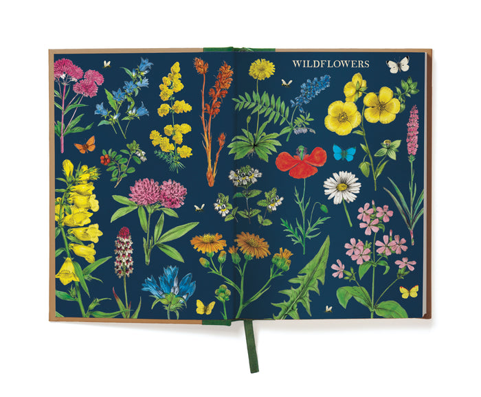 Cavallini & Co. Window Journal- Wildflowers showing colorful wildflower designs on a dark blue background inside front cover