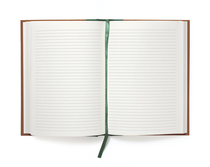 Open notebook with lined pages and a green ribbon on a white background