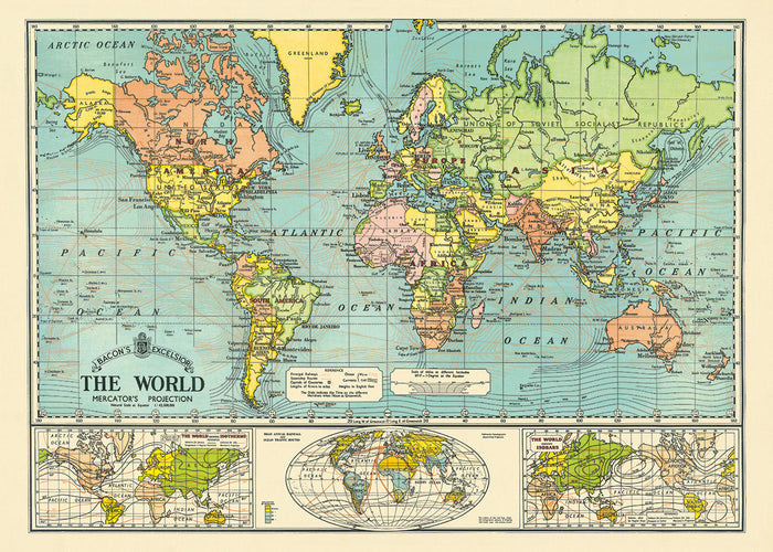 Cavallini & Co. World Map Decorative Wrap measures 20" by 28". A reproduction of "Bacon's Excelsior Map of the World" printed on fine, high quality laid paper.