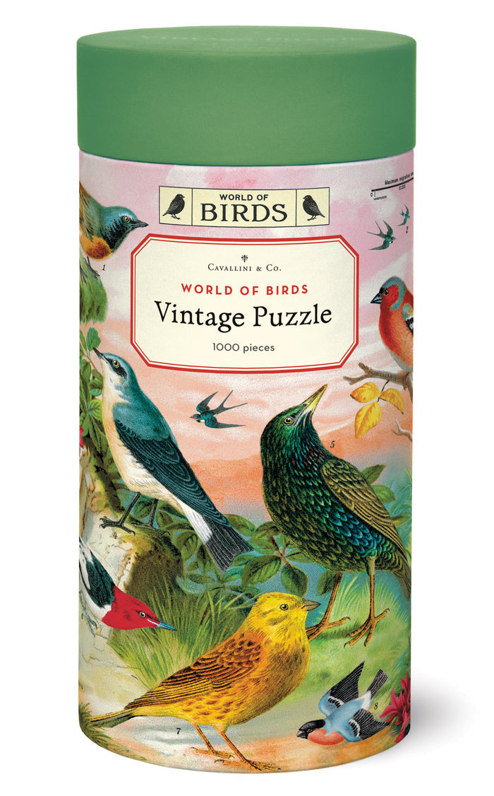 Cavallini & Co. World of Birds 1000 Piece Puzzle-  cylindrical puzzle box with bird illustrations and 'World of Birds' branding