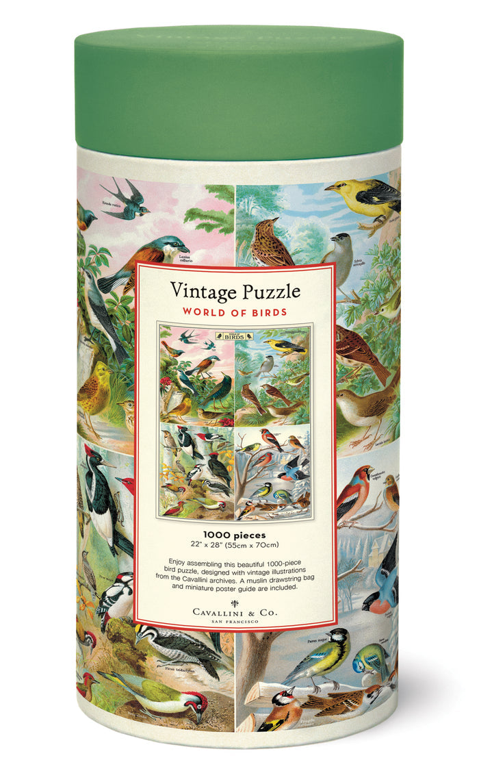Cavallini & Co. World of Birds 1000 Piece Puzzle- packaging image showing cylindrical puzzle box with vintage bird illustrations on a white background