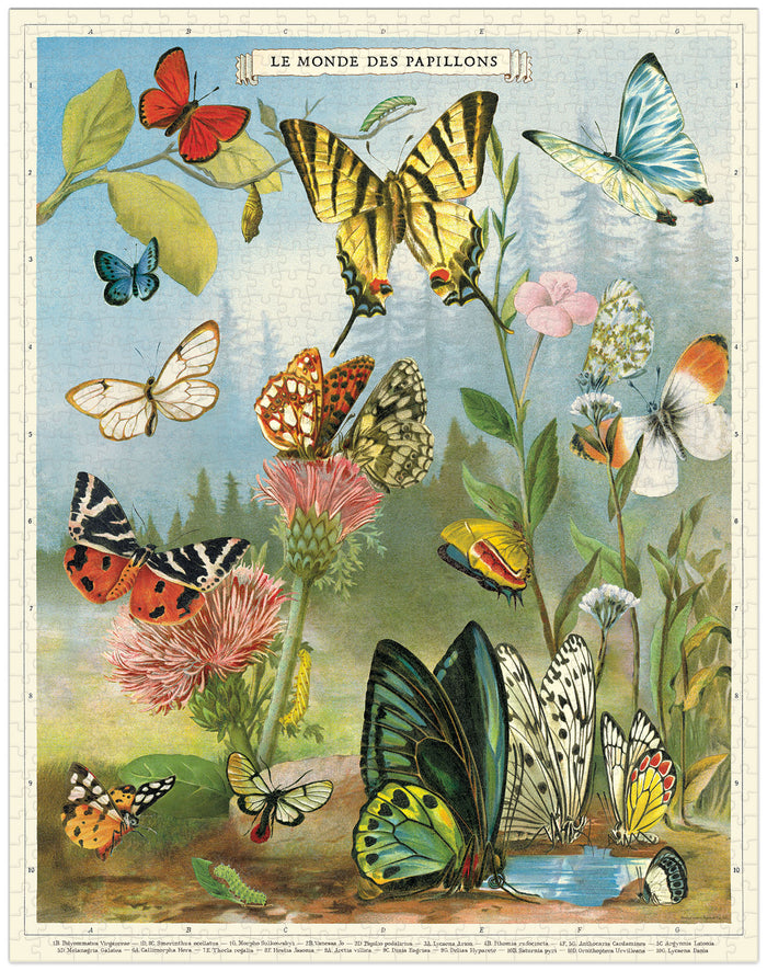 Cavallini & Co. World of Butterflies 1000 Piece Puzzle- finished puzle image showingiIllustration of various butterflies and flowers with a title at the top.