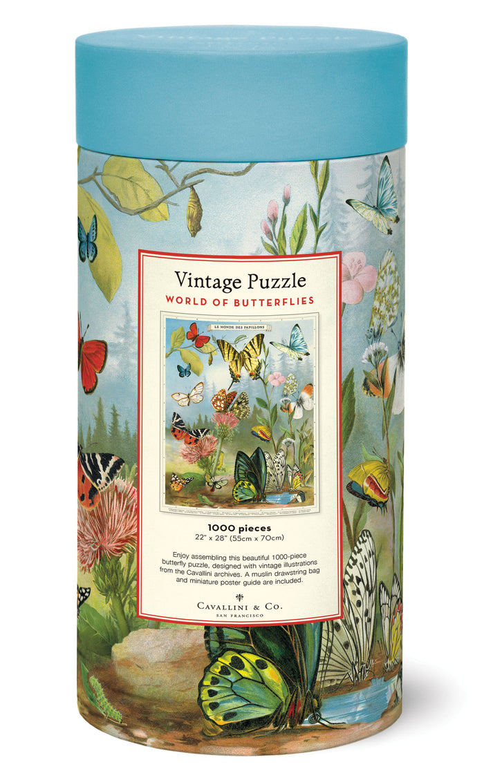 Cavallini & Co. World of Butterflies 1000 Piece Puzzle- packaging images- Jigsaw puzzle box with butterfly design and blue lid