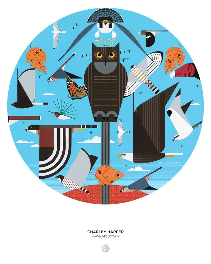 Circular illustration of various animals on a blue background with 'Charley Harper' branding.