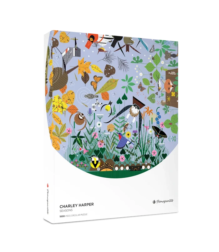 Charley Harper: Seasons 1000-Piece Circular Jigsaw Puzzle packaging image showing finished puzzle