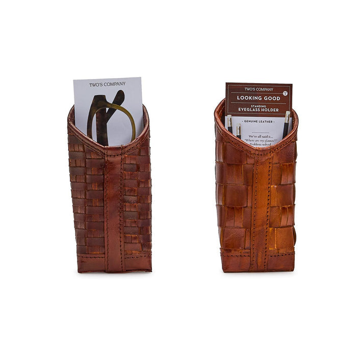 Chestnut Woven Leather Standing Triangular Weighted Eyeglass Case, Assorted Patterns